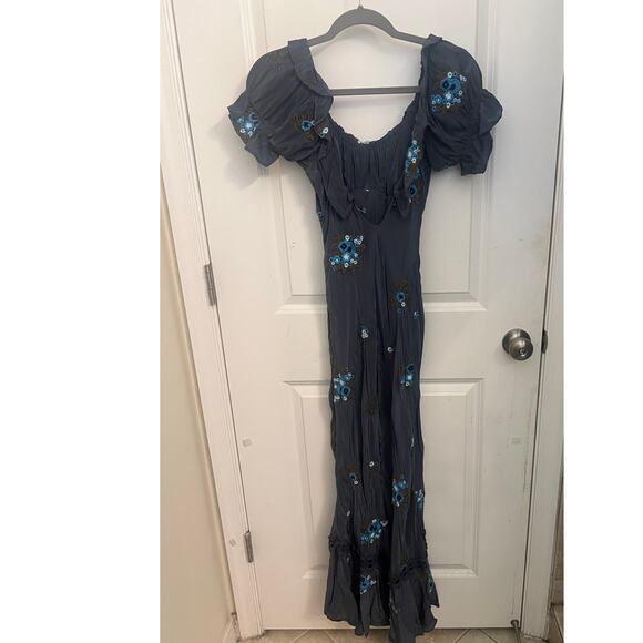 Free People Bali Santa Cruz Maxi Dress M Blue Floral Western Chic cottagecore - Picture 6 of 12